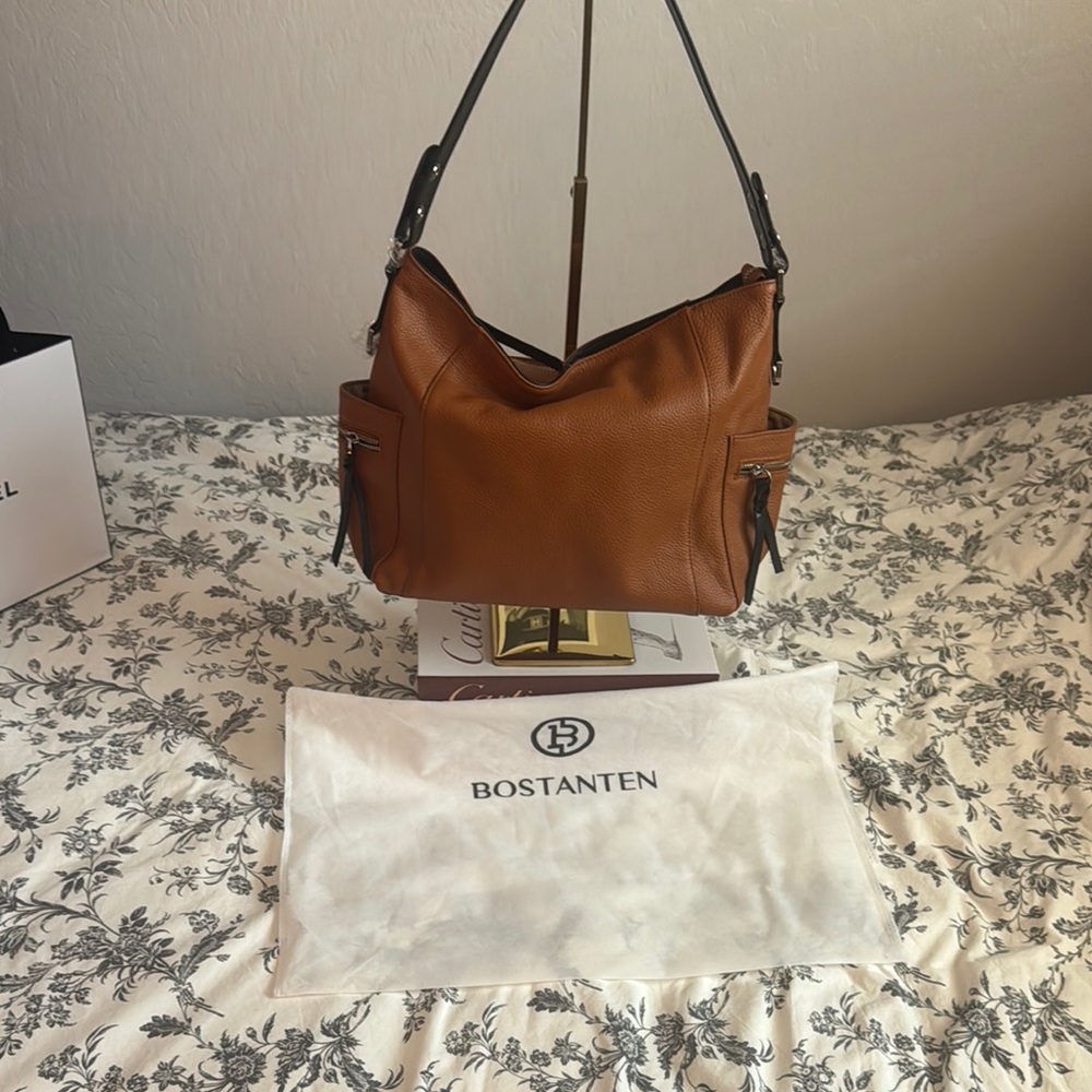 BOSTANTEN Brown Leather Hobo Shoulder Bag With Crossbody Strap.